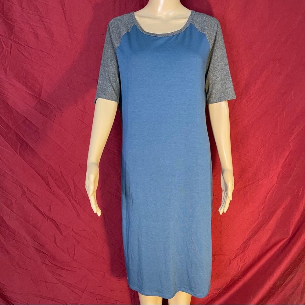 LuLaRoe Julia Dress – Blue Body w/ Gray Raglan Sleeves – Size Large – Excellent